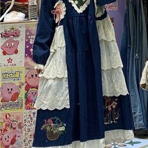 Japanese Mori Girl Denim & Lace Patchwork Dress | One Size